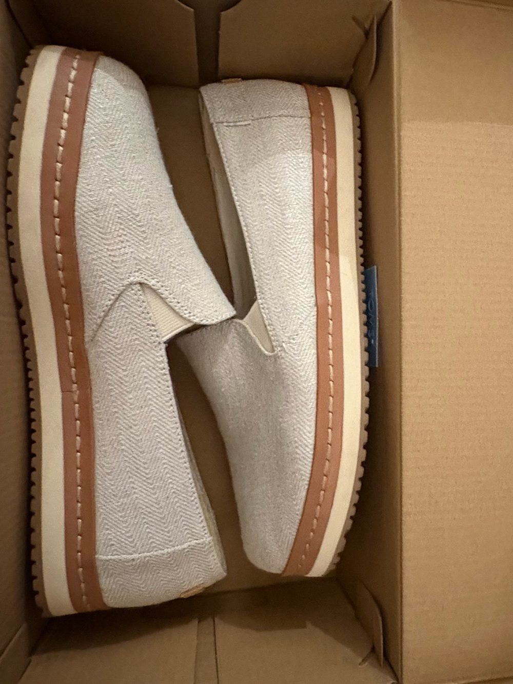 TOMS Slip-On Espadrille in Light Beige Canvas with Tan Trim